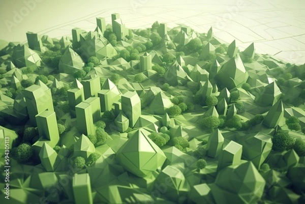 Fototapeta A Bunch Of Green Cubes That Are On A Table Top Modern City Skyline In Daylight Environmental Art Energy-efficient Homes Generative AI