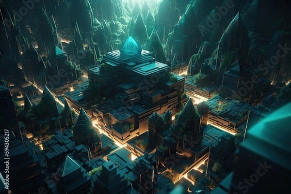 Fototapeta A Futuristic City With A Green Light Shining On It's Roof Temple Animation Cities Generative AI