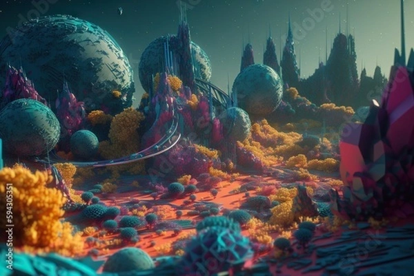 Fototapeta A Futuristic Landscape With A Lot Of Colorful Rocks And Plants And A Sky Background Lunar Landscape Animation Environment Generative AI