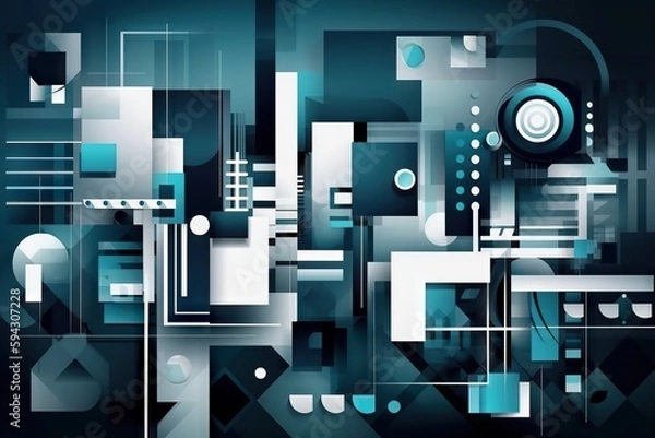 Obraz A Blue And White Abstract Background With Circles And Squares On It Factory Cubism Motion Graphics Generative AI
