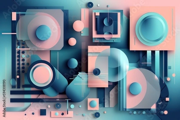 Fototapeta A Blue And Pink Abstract Painting With Circles And Shapes On A Blue Background Bank Cubism Motion Graphics Generative AI