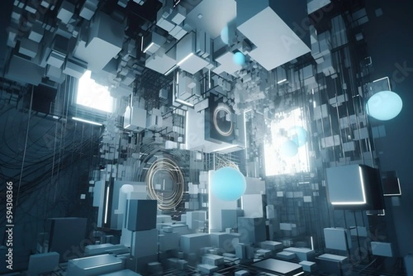 Obraz A Futuristic Abstract Background With Cubes And Circles In Blue And Black Factory Constructivism Motion Graphics Generative AI