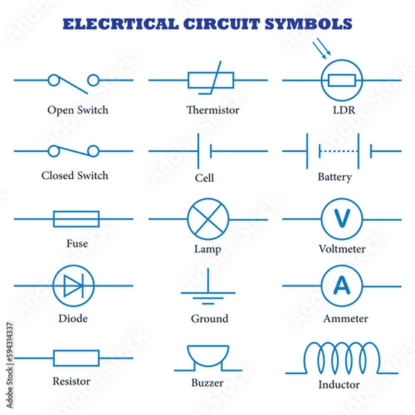 Fototapeta Electrical Circuit Symbols Vector Image Illustration Isolated on White Background