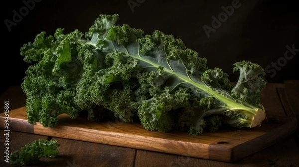 Fototapeta Fresh kale on a wooden chopping board, Generative AI