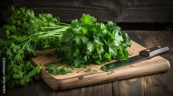 Fototapeta Fresh parsley on a wooden chopping board, Generative AI