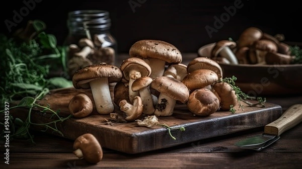Fototapeta Fresh Mushrooms on a wooden chopping board, Generative AI
