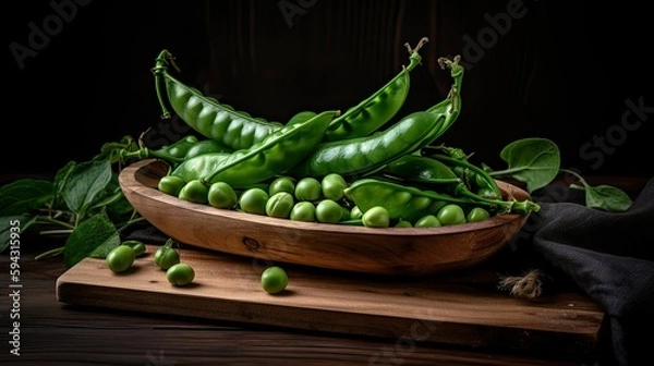 Fototapeta Fresh green peans on a wooden chopping board, Generative AI