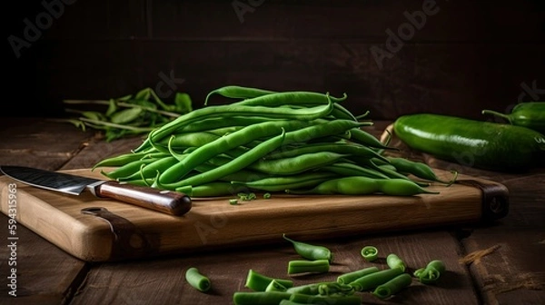 Fototapeta Fresh green beans on a wooden chopping board, Generative AI