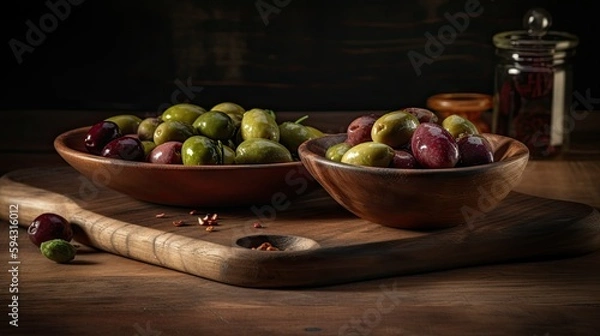 Fototapeta Fresh olives on a wooden chopping board, Generative AI