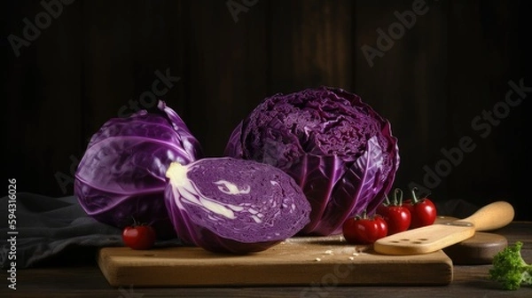 Fototapeta Fresh Red Cabbage on a wooden chopping board, Generative AI