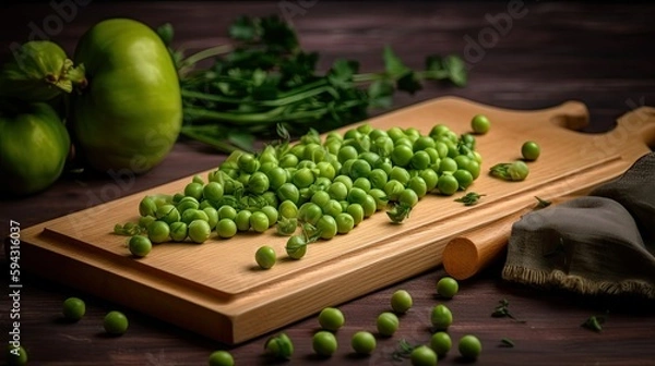 Fototapeta Fresh Green peas on a wooden cutting board, Generative AI