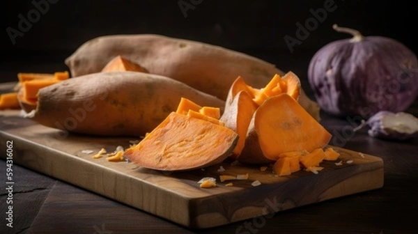 Fototapeta Fresh sweet potatoes on a wooden chopping board, Generative AI