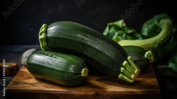 Fototapeta Fresh zucchini on a wooden chopping board, Generative AI