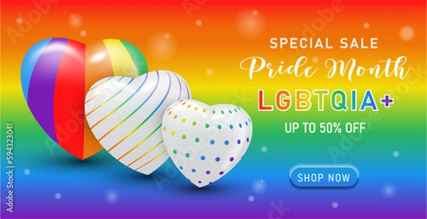 Obraz happy pride month LGBTQ banner template special sales promotion with 3d rainbow heart.