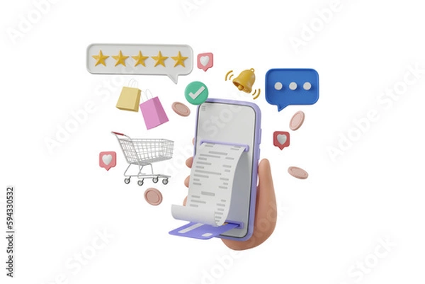 Fototapeta 3D cartoon hand holding smartphone Social network icon online communication application with smartphone concept, social media platform, 3D render