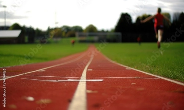 Fototapeta  a person running on a red track in a grassy field with a fence in the background and trees in the distance in the foreground.  generative ai