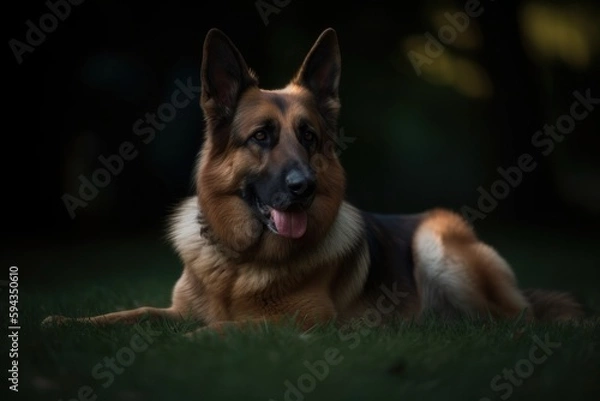 Fototapeta A German Shepherd is featured in an environmental portrait photo, beautifully framed with a lush park providing the backdrop