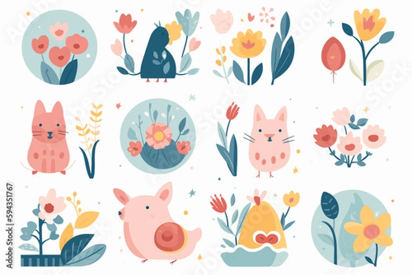 Obraz Spring Icons Pack. Pattern with flowers and animals