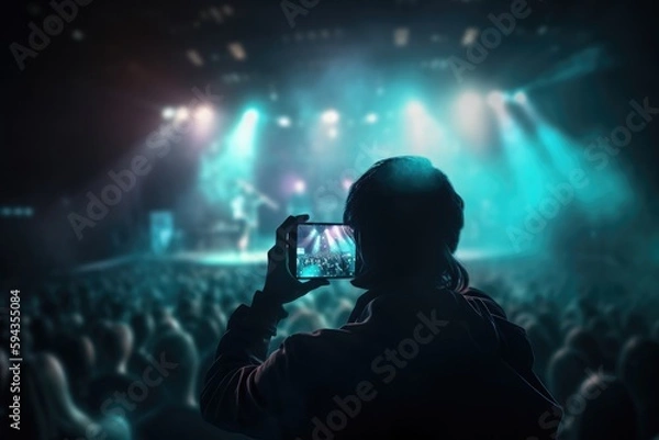 Fototapeta Crowded concert festival with scene stage orange purple and yellow lights with colorful smoke rock show performance, people silhouette, colourful confetti explosion fired. Generative AI technology