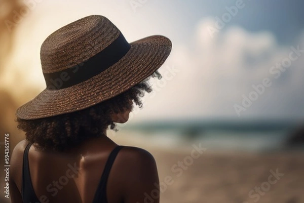Fototapeta Landscape with black woman with hat, beach and sea in background, bokeh background. Generative AI