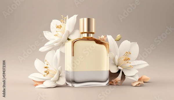 Fototapeta Perfumery concept made with perfume bottle and flowers. Created with Generative AI technology.