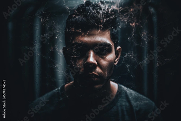 Fototapeta Surreal and haunting portrait of a person facing their inner demons, set against a dark and eerie dreamscape