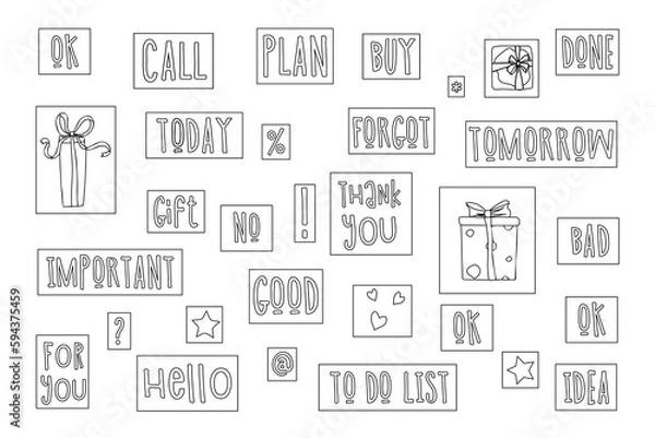 Fototapeta Set of Daily Planner Stickers, Patches Collection for To Do List. Weekly Badges with Quotes and Lettering. Isolated Vector for Online Communication, Web Design, Chat. Cute Cartoon Doodle Style.