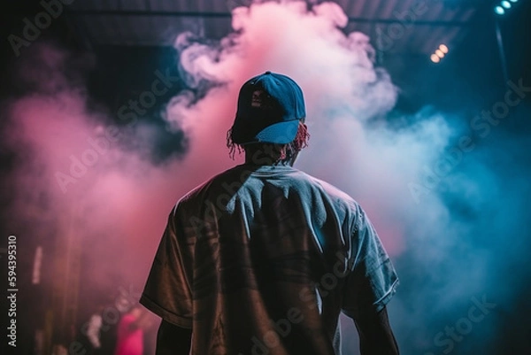 Fototapeta Artist rapper at a music concert on stage singing seen from the back with pink and blue smoke. Hip hop rap artist live performance. Ai generated