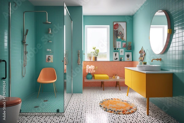 Fototapeta A cool pop art inspired bathroom with a bright, eye-catching shower and retro furniture. Generative AI