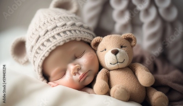 Fototapeta Adorable kid boy after sleeping in grey bed with toy. Cute healthy little toddler baby boy child sleeping or taking a nap under blanket in bed while hugging teddy bear. Generative AI