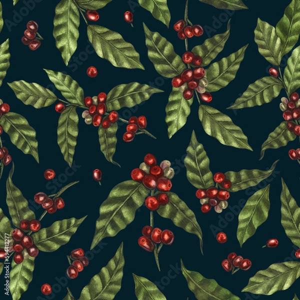 Obraz Watercolor seamless pattern of red coffee arabica beans on branch with berries. Hand-drawn illustration isolated on black background. Perfect concept for cafe, restaurant, menu, cards, posters