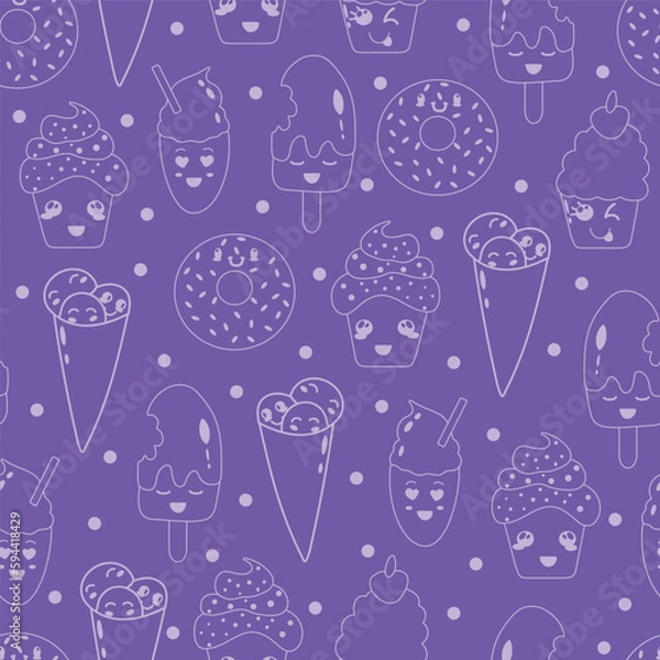 Fototapeta Purple Kawaii sweets seamless pattern background. Kawaii ice cream, cupcakes, milkshakes, and donuts. Line art