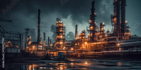 Obraz Industrie 4.0 Schwerindustrie Atomindustrie  Chemieindustrie Raffinerie	im Abendlicht Illustration Background Wandbild Generative AI Digital Art
