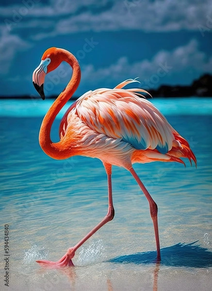 Fototapeta a flamingo walking on a beach next to the ocean 