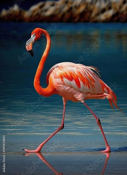 Fototapeta a flamingo walking on a beach next to the ocean 