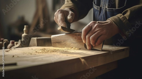 Fototapeta Hands of craftsman carve with a gouge in the hands on the workbench in carpentry. Generative Ai