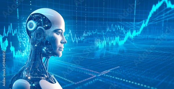 Obraz AI Robot Trading, Artificial Intelligence Shares Daytrating, AI trading bot concept with candlestick graph, Generative AI