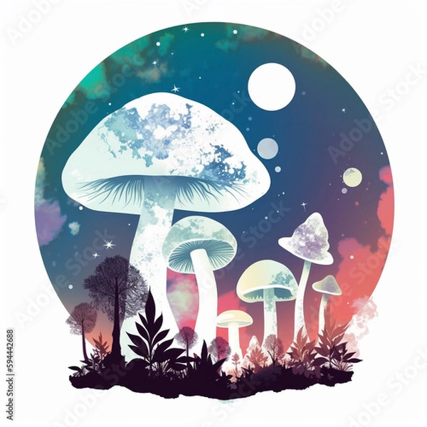 Fototapeta Mushroom and Moon Iridescent Circle on White with Purple Blue Stars Galaxy Space Generative AI