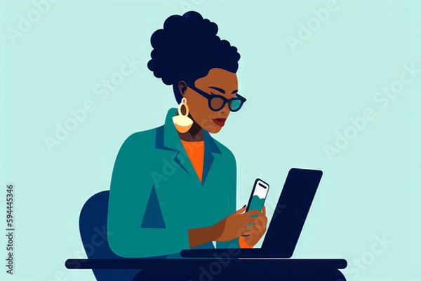 Fototapeta A digital illustration of an African American woman working or learning remotely on her laptop. Generative AI. 