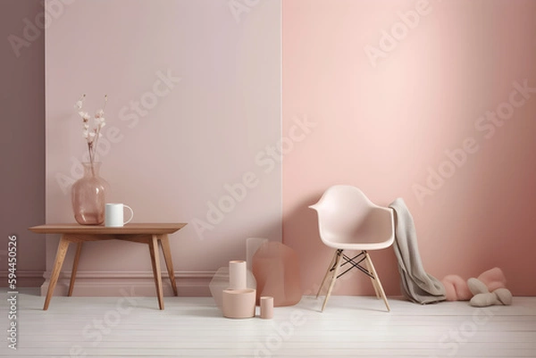 Obraz Minimal interior of a room with pink wall, coffee table and pink chair, scandinavian style, nordic, generative, AI, Generative AI.