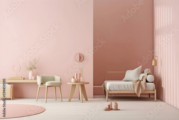 Obraz Minimal pastel pink living room interior composition with armchair, wooden coffee table and sofa, generative, AI, Generative AI.
