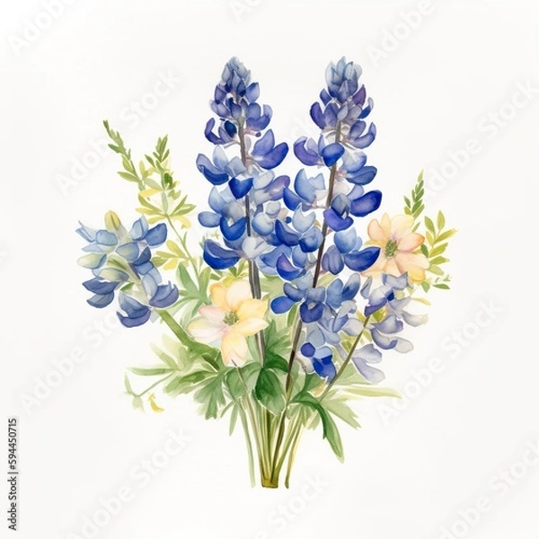Fototapeta bouquet of bluebonnets watercolour with blank white background, generat ai