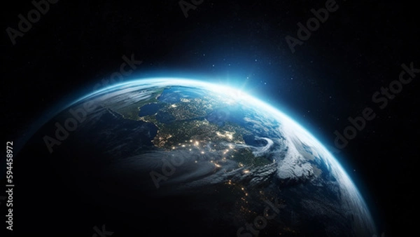 Fototapeta Blue sunrise, view of earth from space. Generative AI