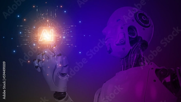 Fototapeta Robot shows AI icon provide access information, digital chat bot concept. Artificial intelligence, machine learning concept, big data, cloud computing, computer network and innovation technology
