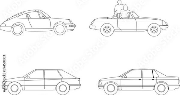 Fototapeta Vector sketch illustration set of simple cars side view