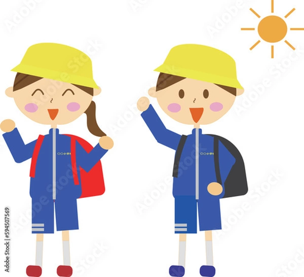Fototapeta 制服の体操着を着て登校する小学生のイラスト・男女・挨拶・おはよう・集団登校・待ち合わせ