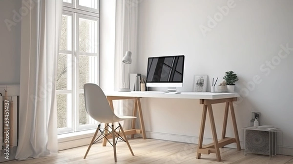 Fototapeta minimalist office space home office interior design, desk with desktop computer