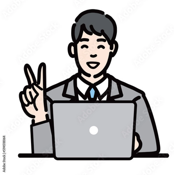 Fototapeta ラップトップの前で笑顔でピースサインをしているスーツを着た若い男性
