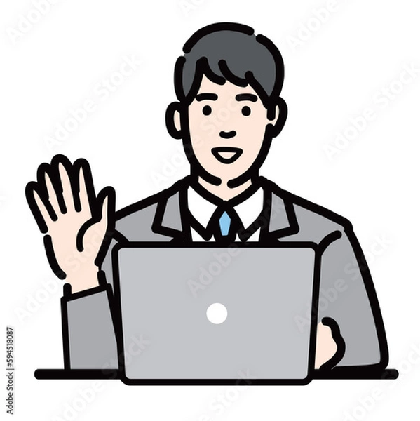 Fototapeta ラップトップの前で手を挙げて笑顔で挨拶しているスーツを着た男性
