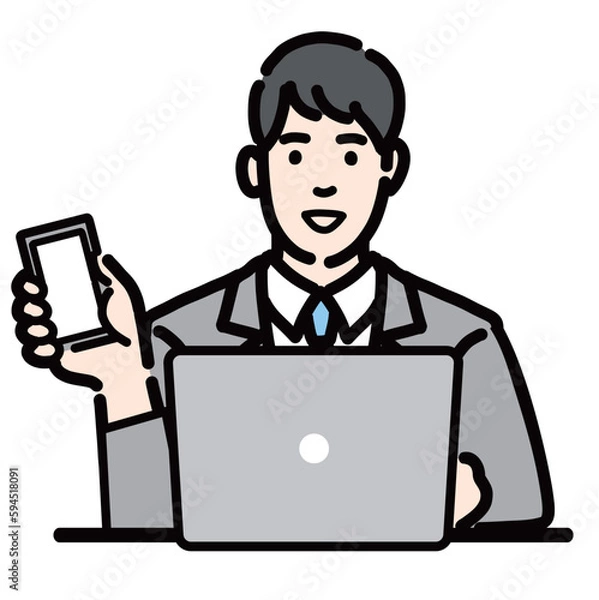 Fototapeta ラップトップの前でスマートフォンを持っているスーツを着た若い男性
